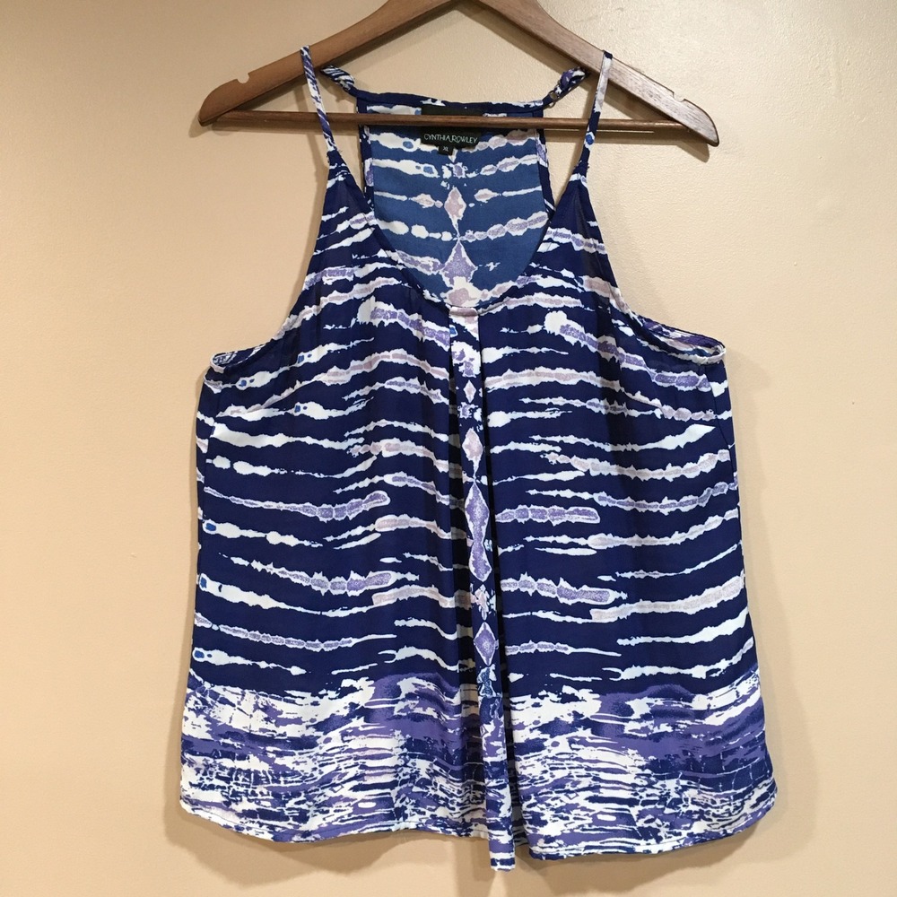 Cynthia Rowley Pleated Tank Top Womens XL Blue Coastal Beachy Boho Chic Vacation